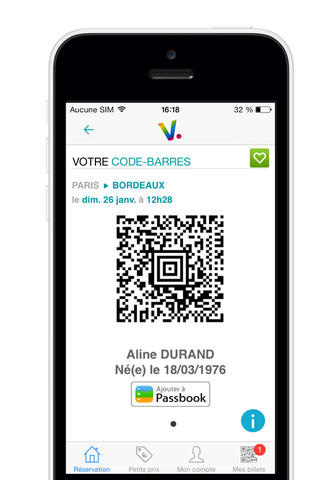 Voyages-SNCF on iPhone (QRcode of a Train Ticket)
